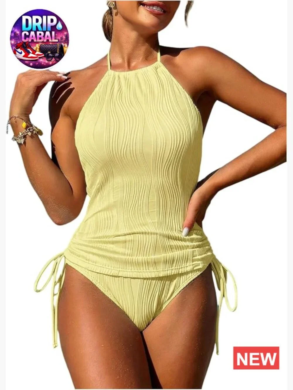 Women's 2 Piece Halter Tankini Swimsuit Tummy Control Textured Bathing Suit